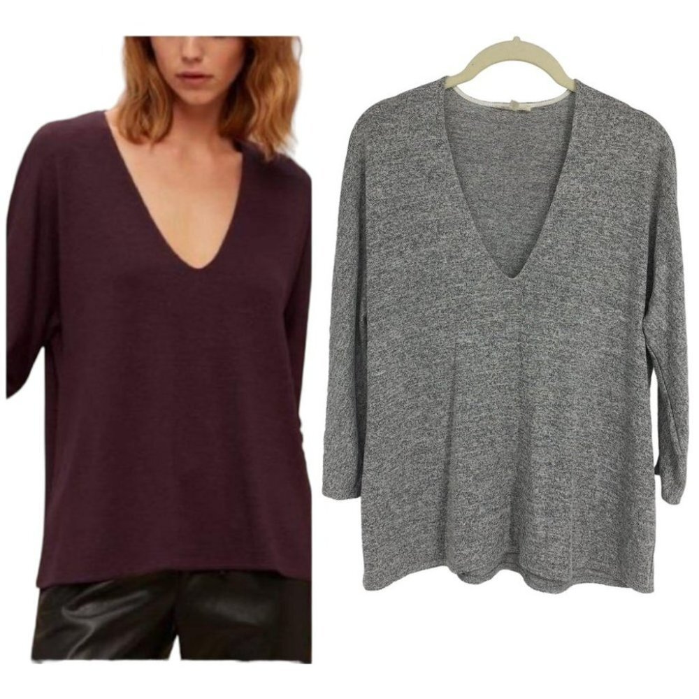Aritzia Wilfred Free Grey Heathered Deep V neck 3/4 Sleeve Shirt size XS